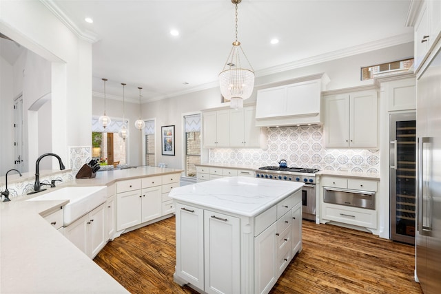 kitchen with dark wood-style flooring, a sink, high end stove, custom range hood, and a warming drawer