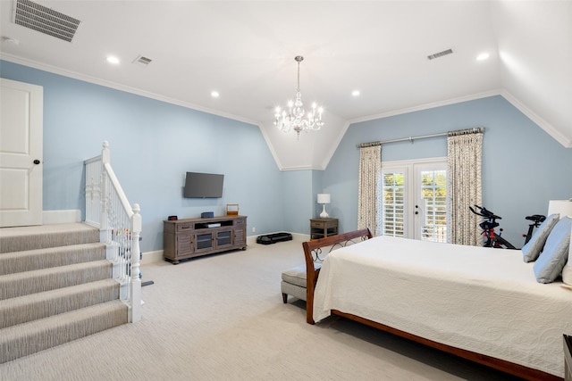 carpeted bedroom featuring access to exterior, visible vents, vaulted ceiling, and ornamental molding