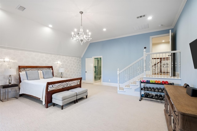 bedroom featuring wallpapered walls, visible vents, carpet floors, and ornamental molding