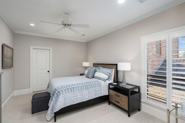 bedroom with crown molding, recessed lighting, baseboards, and light carpet