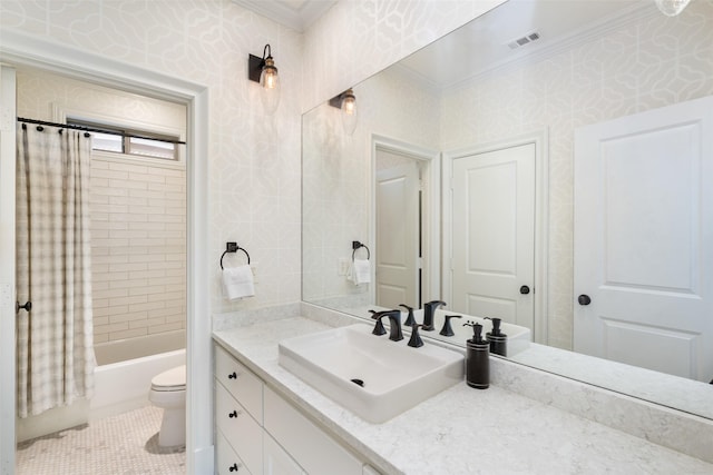 full bath featuring vanity, visible vents, wallpapered walls, crown molding, and toilet