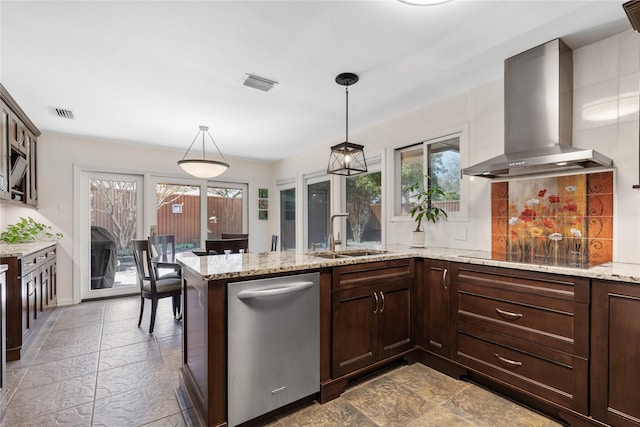 kitchen with visible vents, a sink, black electric stovetop, wall chimney exhaust hood, and stainless steel dishwasher