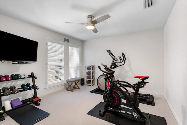 exercise room featuring visible vents, baseboards, a ceiling fan, and carpet flooring