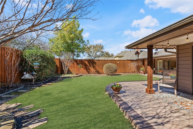 view of yard with a fenced backyard and a patio area