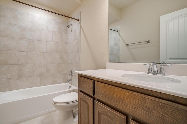 full bathroom with shower / bathtub combination, vanity, tile patterned flooring, and toilet