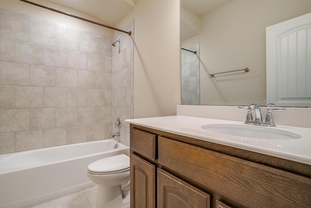 bathroom with vanity, toilet, tile patterned flooring, and shower / bathtub combination