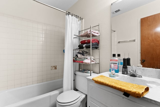 bathroom with vanity, toilet, shower / bathtub combination with curtain, and visible vents