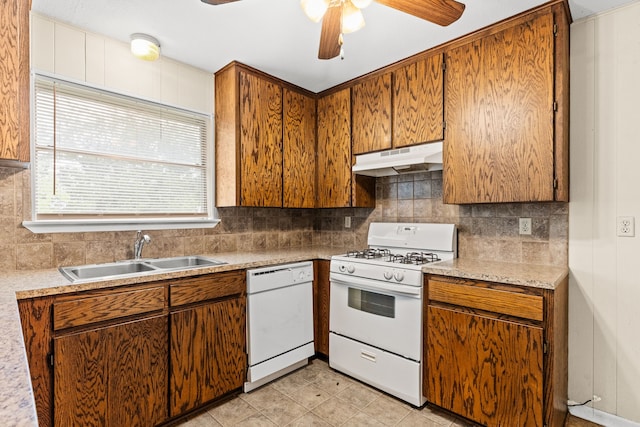 kitchen with a sink, white appliances, ceiling fan, backsplash, and under cabinet range hood