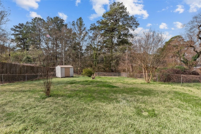 view of yard featuring an outdoor structure, a fenced backyard, and a shed