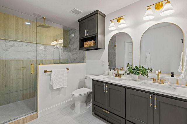 full bathroom with a sink, visible vents, marble finish floor, and a shower stall