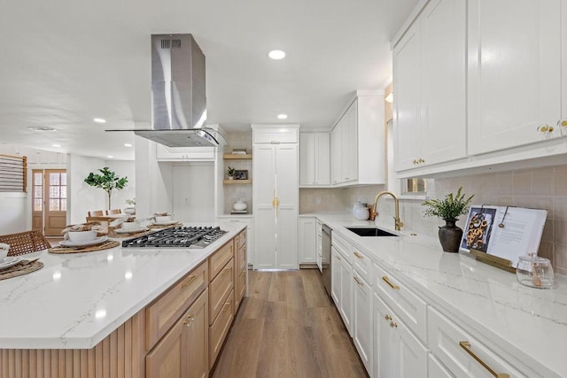 kitchen with a sink, light wood-style floors, appliances with stainless steel finishes, backsplash, and island range hood