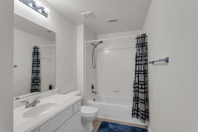 full bathroom featuring tile patterned flooring, shower / bath combination with curtain, toilet, and visible vents