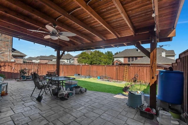 view of patio featuring outdoor dining space, ceiling fan, and a fenced backyard