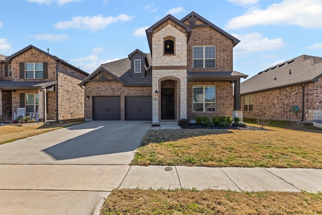 view of front of house featuring brick siding, stone siding, driveway, and an attached garage