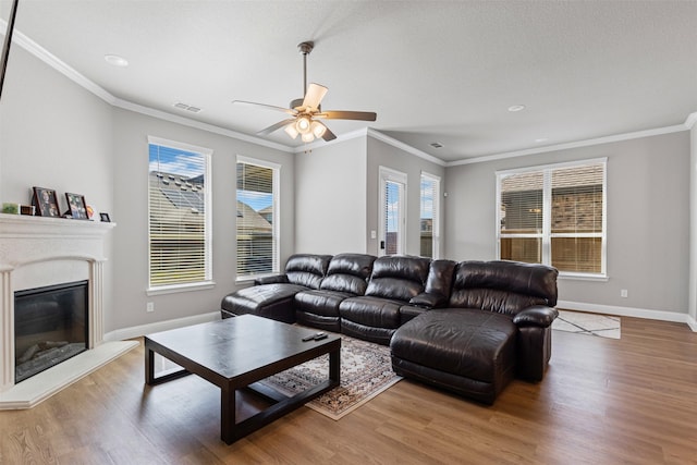 1504 Pleasant Knoll Trl, Aubrey, TX 76227 - living room featuring visible vents, wood finished floors, baseboards, and a glass covered fireplace