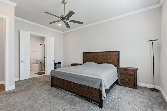 1504 Pleasant Knoll Trl, Aubrey, TX 76227 - bedroom featuring ceiling fan, baseboards, carpet, ornamental molding, and ensuite bathroom