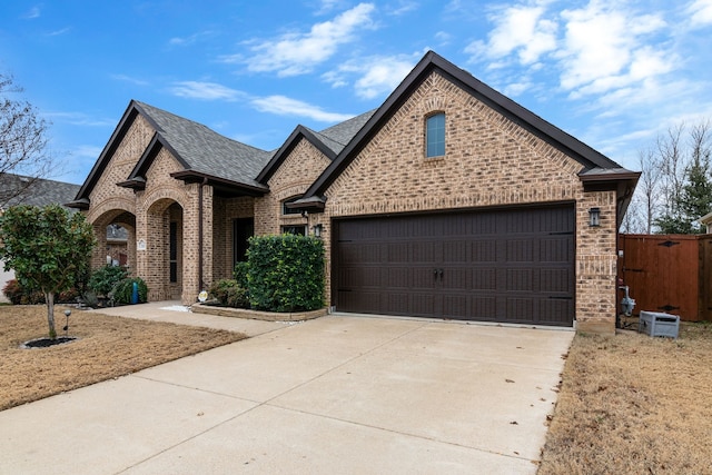 french country style house with a garage, brick siding, driveway, and roof with shingles