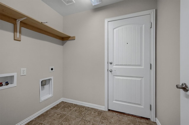 clothes washing area featuring electric dryer hookup, visible vents, washer hookup, baseboards, and laundry area