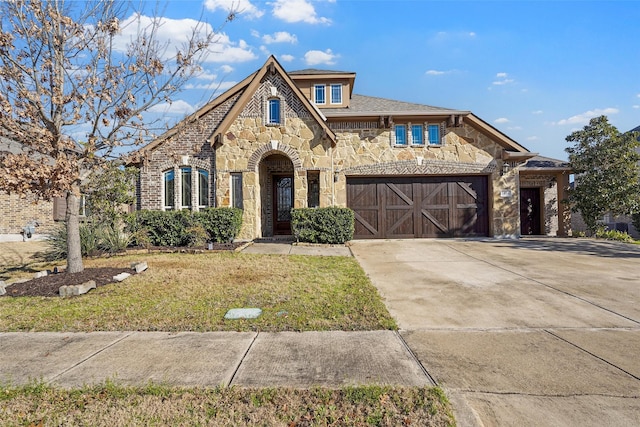 view of front of house with a garage, stone siding, concrete driveway, and a front lawn