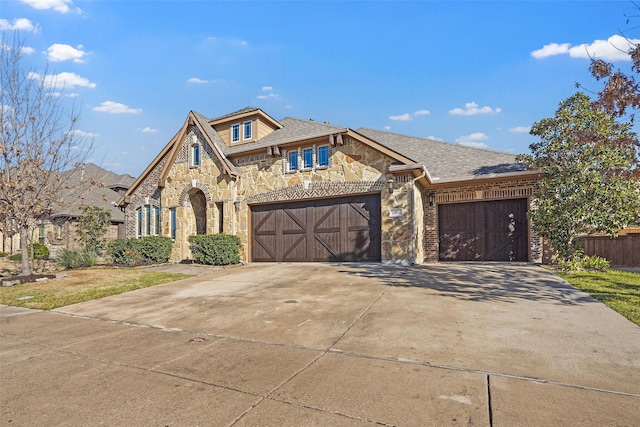 view of front of house with brick siding, fence, driveway, stone siding, and an attached garage