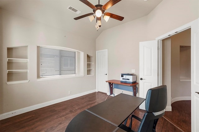 office with visible vents, a ceiling fan, lofted ceiling, and wood finished floors