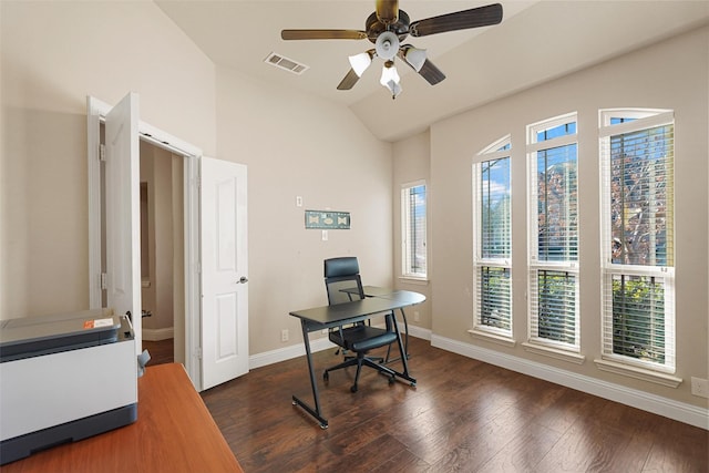 office area featuring visible vents, dark wood-type flooring, and a healthy amount of sunlight