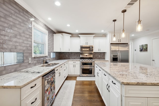 kitchen featuring tasteful backsplash, crown molding, dark wood finished floors, stainless steel appliances, and a sink