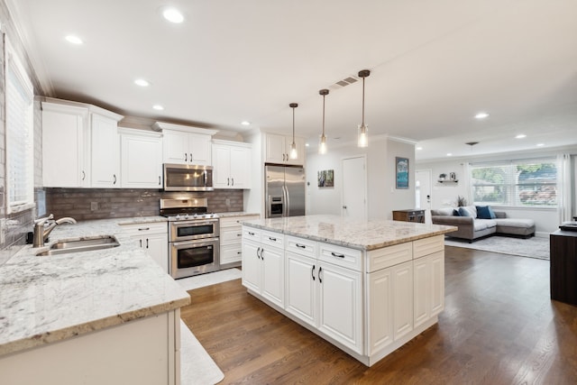 kitchen featuring a sink, dark wood finished floors, open floor plan, and stainless steel appliances