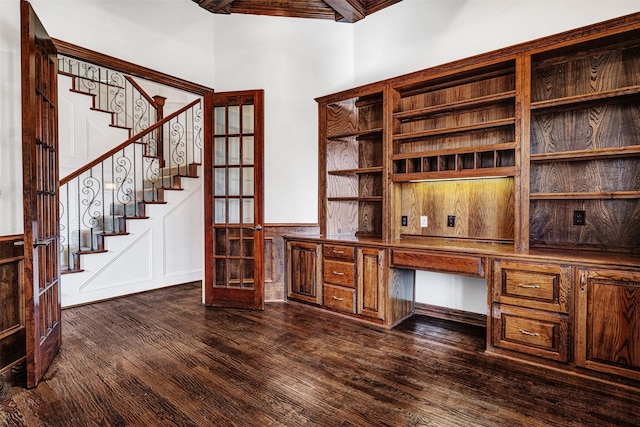 2521 Alexa Ct, Plano, TX 75075 - unfurnished office featuring built in study area, dark wood-style floors, wainscoting, and french doors