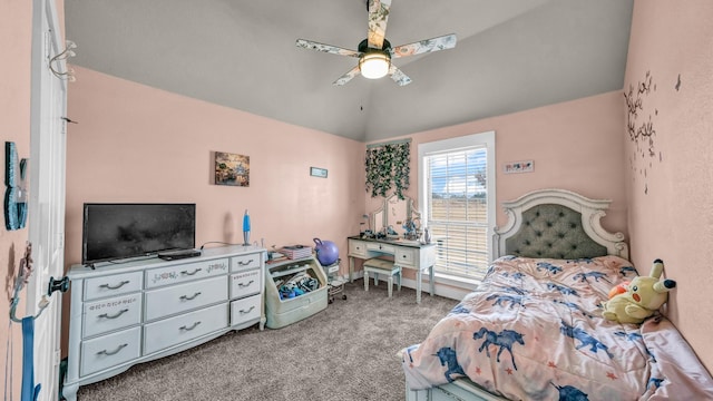 carpeted bedroom featuring a ceiling fan and vaulted ceiling