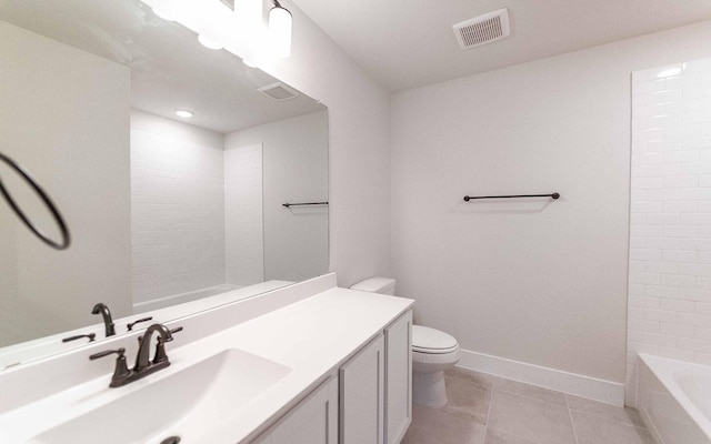 bathroom with visible vents, baseboards, toilet, tile patterned floors, and vanity