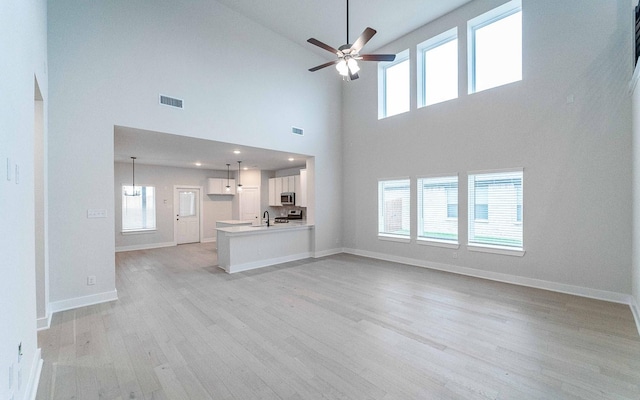 unfurnished living room with a sink, visible vents, plenty of natural light, and light wood-style floors