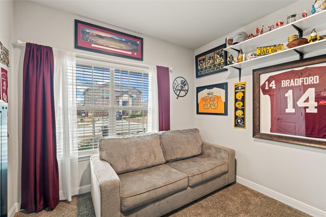 carpeted living area with baseboards