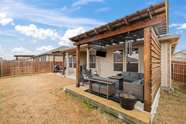 back of property featuring a patio, a fenced backyard, a pergola, an outdoor living space with a fire pit, and a lawn