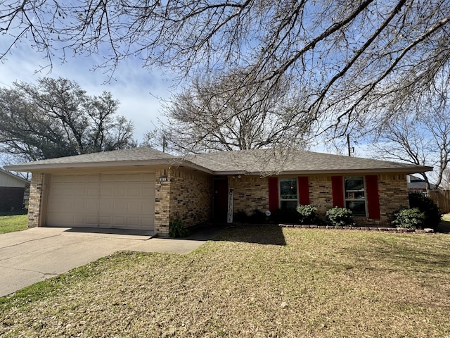 single story home with brick siding, driveway, a front lawn, and a garage