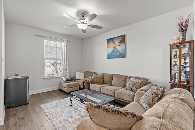 living area with ceiling fan, baseboards, and wood finished floors