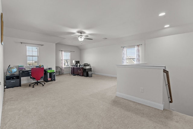 office featuring baseboards, lofted ceiling, carpet floors, recessed lighting, and a ceiling fan