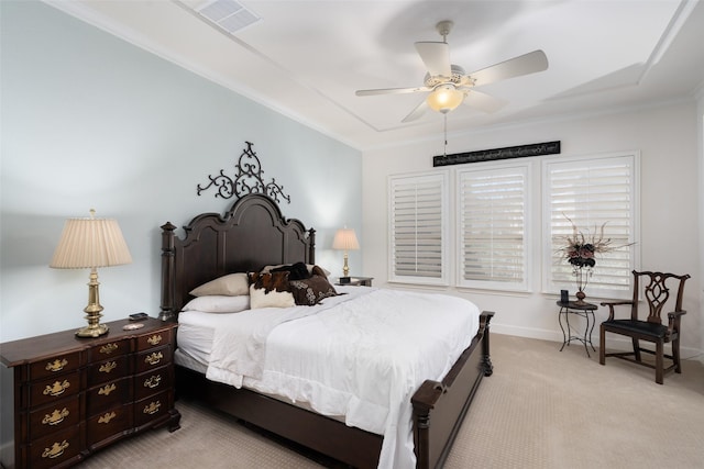 bedroom featuring a ceiling fan, baseboards, visible vents, ornamental molding, and light colored carpet