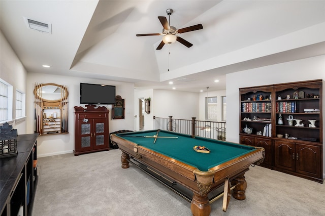 game room featuring visible vents, billiards, recessed lighting, light colored carpet, and vaulted ceiling