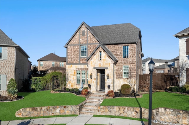 view of front of home featuring brick siding, fence, roof with shingles, a front yard, and stone siding