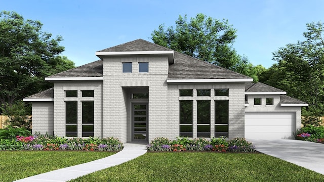 view of front of home with a front yard, an attached garage, brick siding, and driveway