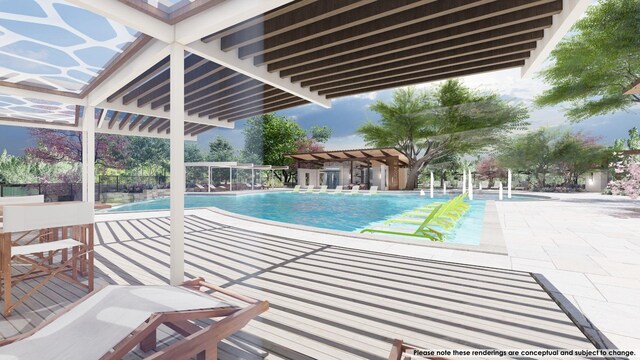 outdoor pool featuring fence, a patio area, and a pergola