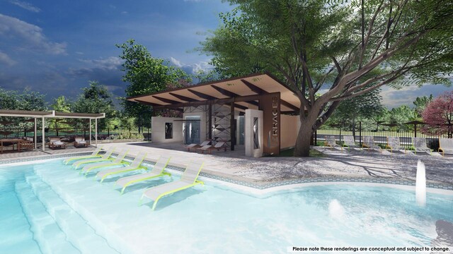 pool with a patio area, an exterior structure, an outdoor structure, and fence