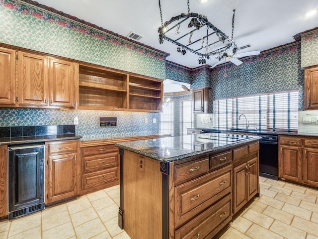 kitchen featuring tasteful backsplash, wine cooler, open shelves, a center island, and wallpapered walls