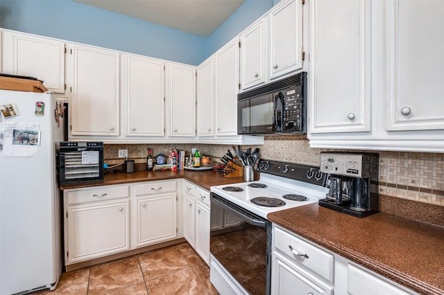 kitchen featuring decorative backsplash, white appliances, dark countertops, and white cabinets