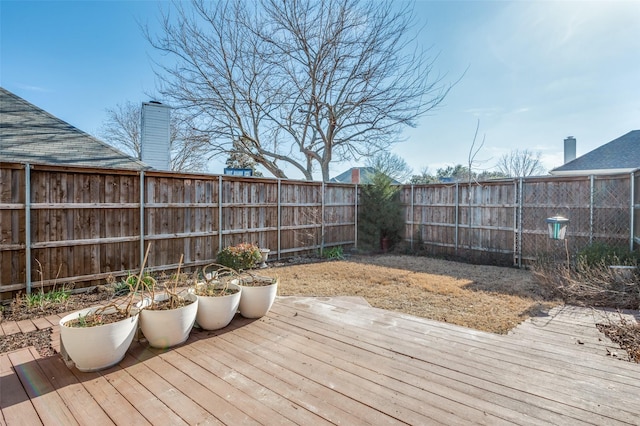 wooden deck with a fenced backyard