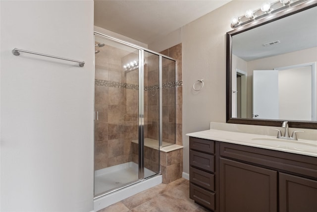 full bathroom with visible vents, vanity, and a shower stall