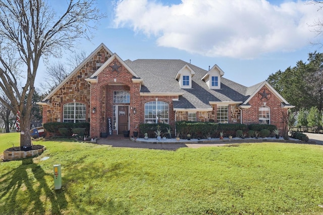 view of front of property featuring brick siding, stone siding, a shingled roof, and a front lawn