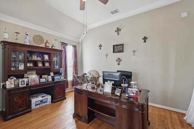 1231 Mcclintock Dr, Shady Shores, TX 76208 - office space featuring crown molding, ceiling fan, light wood-style flooring, baseboards, and vaulted ceiling