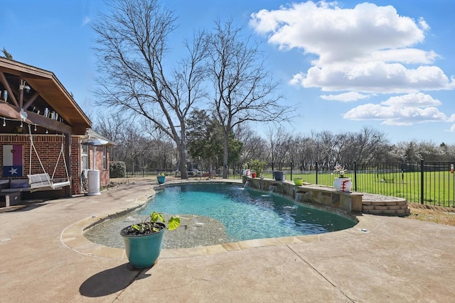 view of swimming pool featuring a fenced in pool, a patio, a lawn, and fence